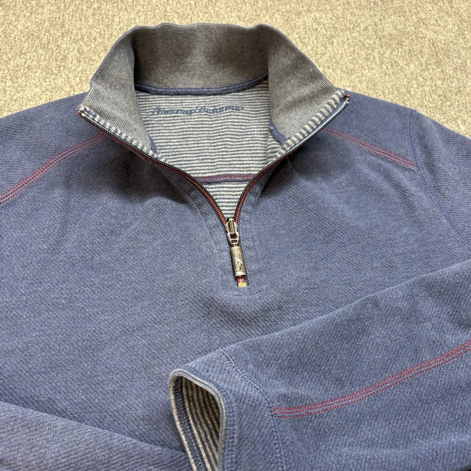 Tommy Bahama Reversible Sweater Mens Xl 1/4 Zip Pullover Blue Cotton Knit Preppy